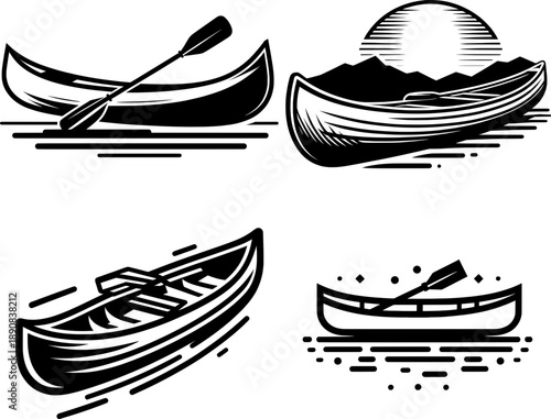 Clean bold outline canoe silhouette, black and white, minimal detail, isolated on white background