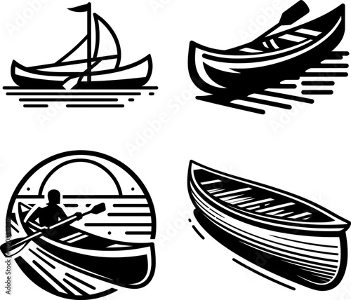 Clean bold outline canoe silhouette, black and white, minimal detail, isolated on white background