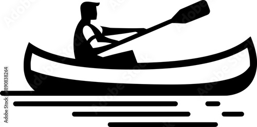 Clean bold outline canoe silhouette, black and white, minimal detail, isolated on white background