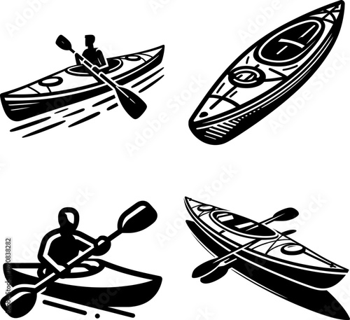 Bold outline kayak vector, high contrast black and white, simple geometric silhouette, isolated