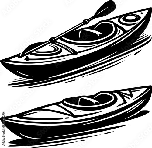 Bold outline kayak vector, high contrast black and white, simple geometric silhouette, isolated