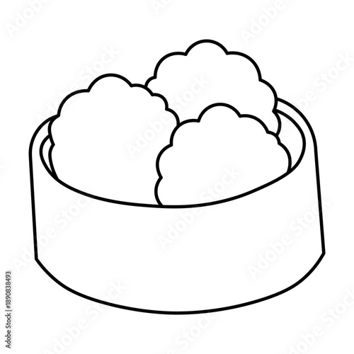Simple black and white line art drawing of three steamed dumplings or buns in a round bowl, resembling dim sum.