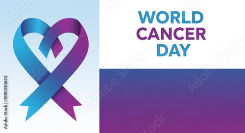 A symbolic illustration of World Cancer Day with a heart-shaped ribbon in shades of blue and purple