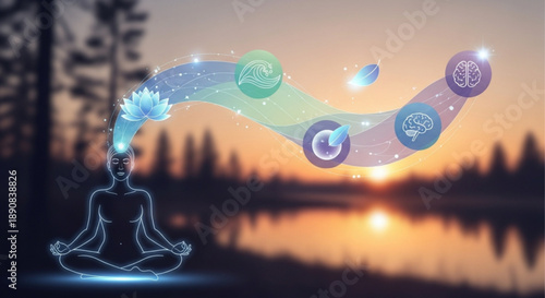 A serene illustration of a person meditating by a lake at sunrise with symbolic chakras floating above