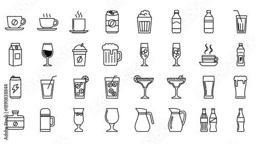 Collection of Beverage Icons and Drinkware Outlined.