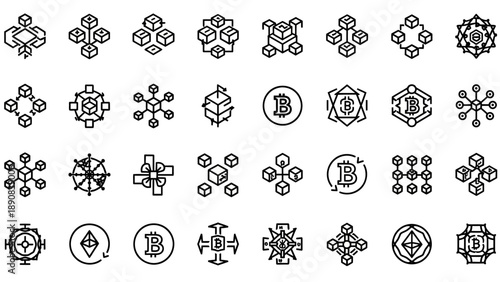 Collection of Bitcoin cryptocurrency logos and symbols.