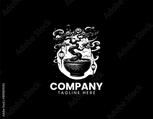 Twisted bonsai tree illustration presents hanging lanterns in calm fantasy tattoo style