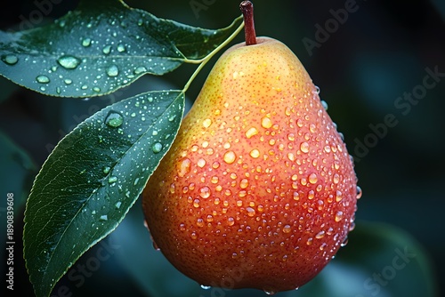 Pear fresh ripe fruit with dew drops on tree image
