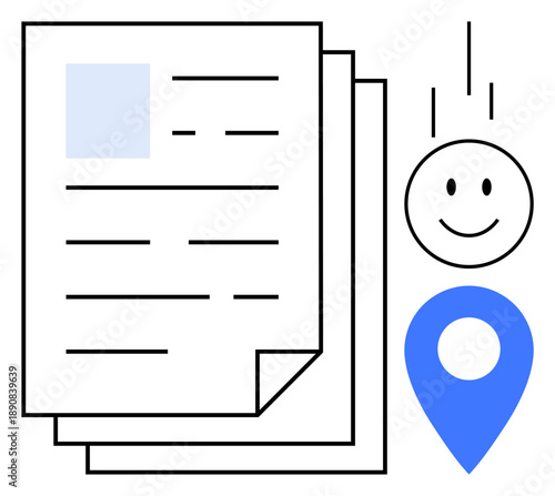 Document management. Documents data organization paired with a location marker and happy face for workflow efficiency. Document management for reports, logistics, analytics, business processes