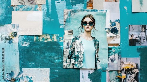 Teal themed mood board with fashion and lifestyle clippings