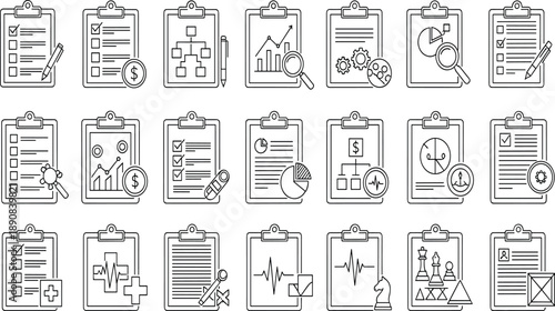 Clipboard icons, business report symbols, medical chart graphics, strategic planning visuals, analysis tools, document elements, black line vector illustrations