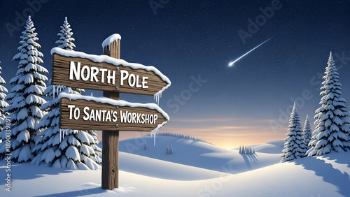 Winter night at the north pole with directions to santa's workshop