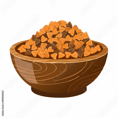 Pile dry cat food in wooden bowl