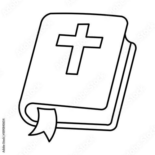 Simple line art drawing of a closed Bible with a cross on the cover and a bookmark, representing religious text and faith.