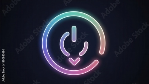 Vibrant glowing neon power button symbol on a dark background representing digital interface