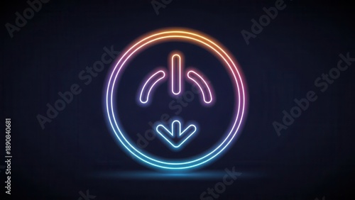 Dynamic glowing neon power button with downward arrow symbol for digital interface exit or energy