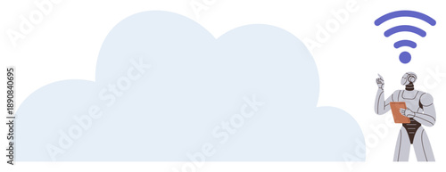 Artificial intelligence, wireless communication, cloud computing, robotics, IoT, future technology. A humanoid robot pointing to a wireless symbol. Artificial intelligence and wireless communication