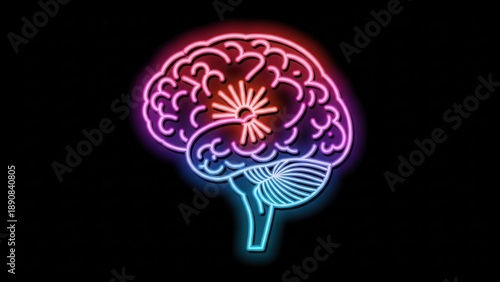 Vibrant neon human brain illustration depicting illuminated neural activity and complex thought