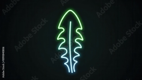 Radiant neon gradient feather-like plant leaf glowing on a dark minimalist background an abstract