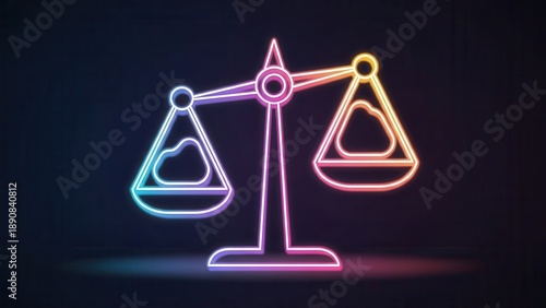 Vibrant neon balance scale symbolizing equality, digital weigh-in, and conceptual comparison