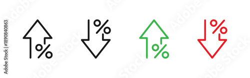 Arrow icons with percentage signs showing growth and decline trends for financial data analysis business performance metrics and market statistics in black green and red colors on white background
