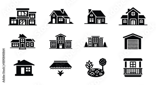 Architectural diversity of building icons showcasing houses, apartments, skyscrapers, garages, and garden scenes for real estate and urban design concepts
