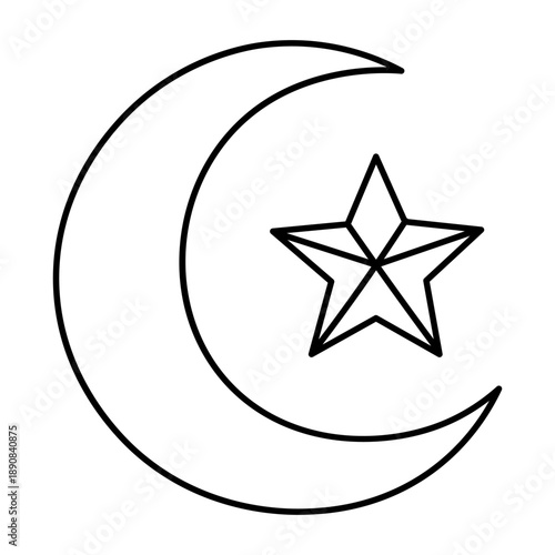 Black outline drawing of a crescent moon and a five-pointed star, a prominent symbol of Islam, on a white background.