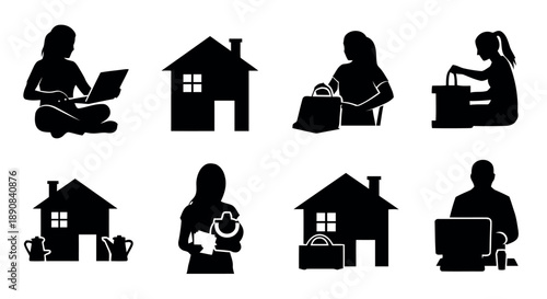 Assorted icons representing home, technology, and domestic life, including houses, people using laptops, shopping bags, and domestic items, depicting modern living and household activities