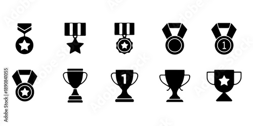 Assortment of award and trophy icons featuring medals and cups, suitable for sports, competitions, achievements, and recognition graphics.