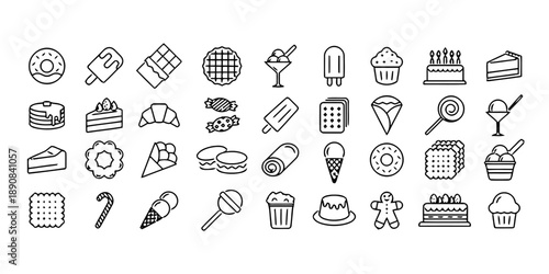 Assorted sweets and desserts doodle icons collection, collection of delicious bakery items and candies, isolated on white background, hand-drawn style