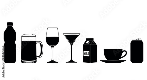 Assortment of beverage containers and drinkware, including bottles, glasses, mugs, cartons, and cans, representing various liquid refreshments for consumption and enjoyment