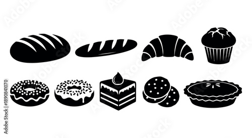 Assortment of bakery items including bread, croissants, muffins, donuts, cake, cookies, and pie, delicious baked goods, sweet treats, food icons