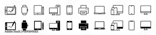 Assortment of modern electronic devices and gadgets including tablets, smartwatches, smartphones, computers, printers, and laptops, shown in outline and solid black