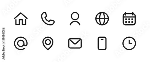 Assortment of outline icons for home phone person globe email map smartphone and clock for business contact and information sharing on digital platforms