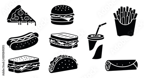 Assortment of popular fast food items in black silhouette, featuring pizza slice, hamburger, hot dog, sandwich, fries, taco, burrito, and soda drink.