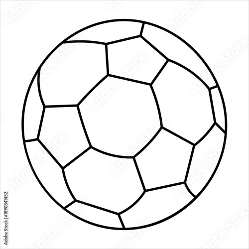 A black and white outline drawing of a classic soccer ball with pentagonal and hexagonal panels.