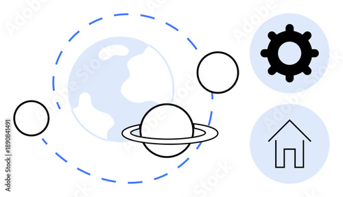 Planetary system. Minimalist ion of Earth and Saturn with orbit lines and geometric icons. Planetary system explores harmony, technology, home life, and innovation. For education, science, design