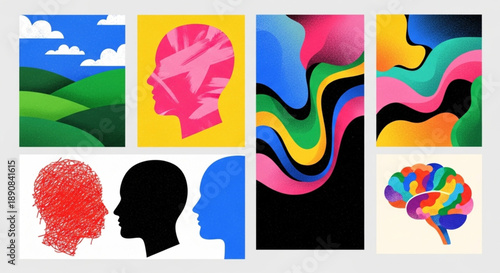 Vibrant collection of modern abstract graphic designs featuring diverse human head silhouettes, colorful patterns, and stylized nature landscapes, perfect for creative projects