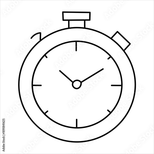 A simple, clean line drawing of a classic stopwatch, a device used for measuring elapsed time, depicted with its dial and hands.