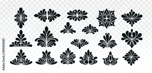 Set of black floral ornamental motifs and decorative elements in varied symmetrical styles, clean flat vector design isolated on white background, ideal for patterns, borders, logos, wallpapers, 
