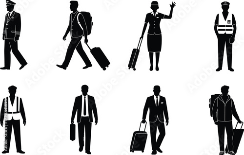 Airline crew and travelers silhouette vector set with pilots attendants and business passengers carrying luggage isolated on white background