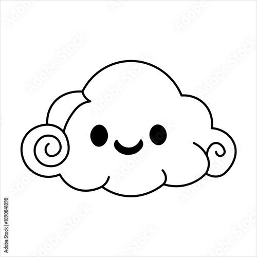 A simple, cute, black and white cartoon drawing of a happy cloud with rosy cheeks and a smiling face.