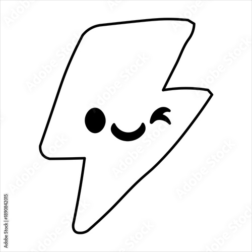 A cute, hand-drawn, black and white illustration of a lightning bolt with a happy, winking face.