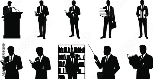Businessman teacher speaker silhouette vector set with male professionals reading books presenting lectures academic career icons isolated background