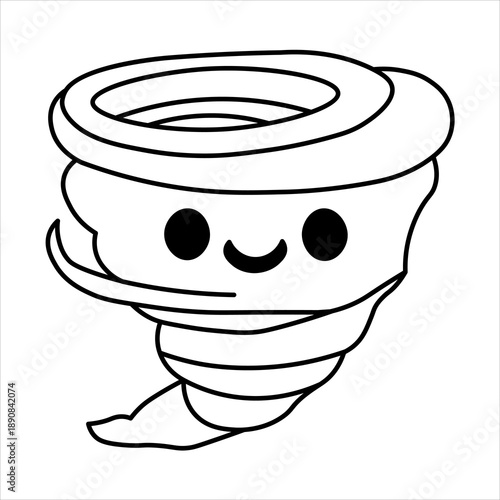 A cute, cartoon-style black and white illustration of a smiling tornado with big eyes and a swirling funnel cloud, representing a friendly weather phenomenon.