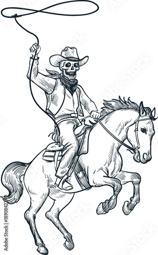 Vintage hand drawn sketch of skeleton head cowboy on horse with lasso