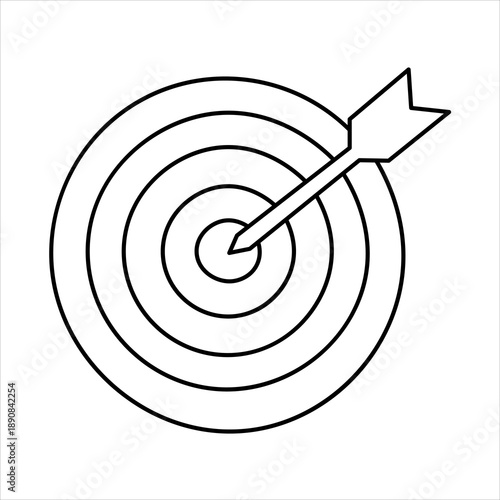 A black and white line drawing of an archery target with an arrow hitting the bullseye, symbolizing accuracy and success.