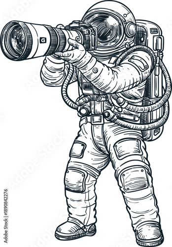 Vintage hand drawn sketch of astronaut camera