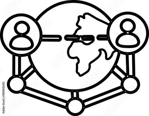 Global network connection with user icons representing worldwide communication and social interaction across a digital platform.