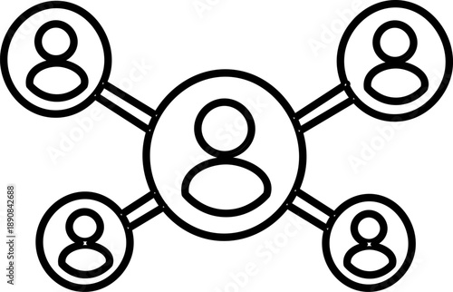 Line art illustration of a central person icon connected to four other person icons, representing a social network or community structure.